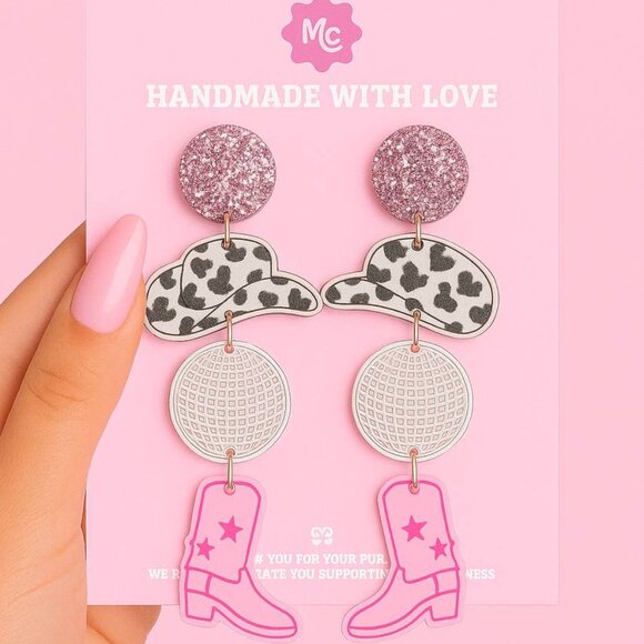Pink Cowgirl Disco Earrings | Western Glam Statement Jewelry - Picture 3 of 3